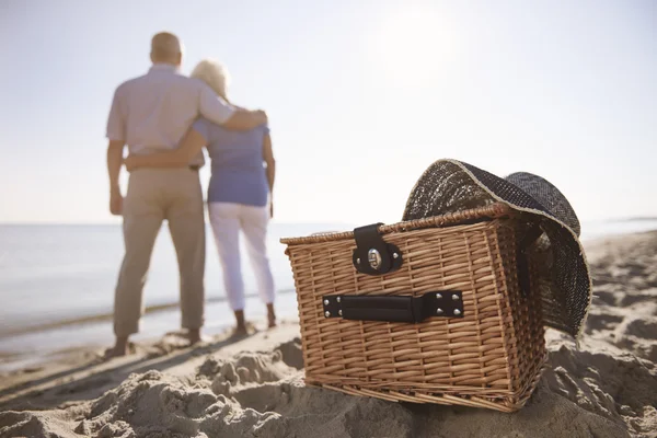 Basket for picnic with senior couple — Stock Photo, Image