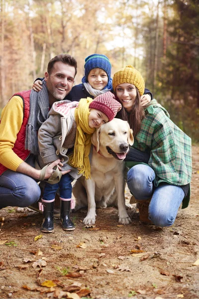 Familjen promenader med hunden i skogen — Stockfoto