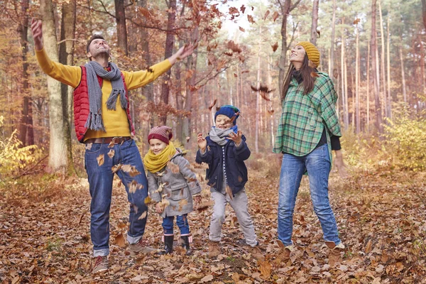 Familia divirtiéndose en el bosque — Foto de Stock