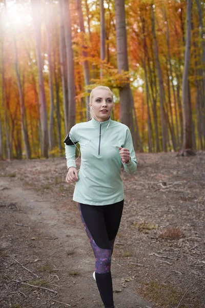 Sonbahar ormanda koşu kadın. — Stok fotoğraf