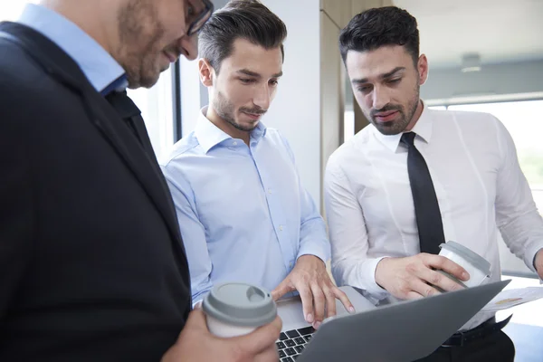 Три бизнесмена используют ноутбук в офисе — стоковое фото