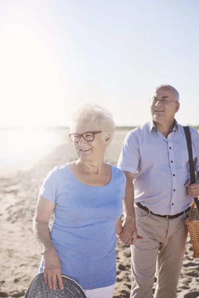 Senior paar met een picknickmand. — Stockfoto