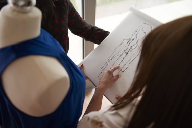 Moda tasarımcıları yeni elbiseler projelendirme