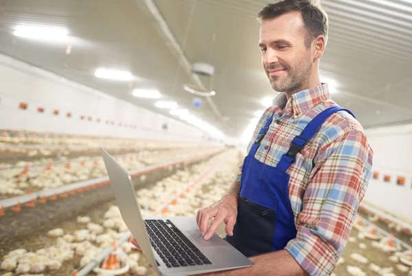 Nowoczesny rolnik za pomocą laptopa w fabryce — Zdjęcie stockowe