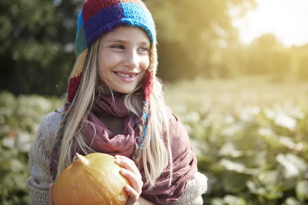 Chica en el campo de calabaza — Foto de Stock