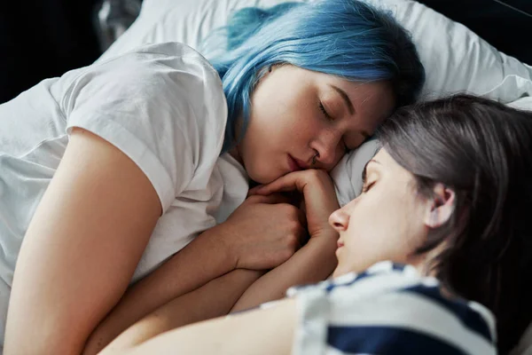 Close Lesbian Couple Sleeping Together Bed — Stock Photo, Image