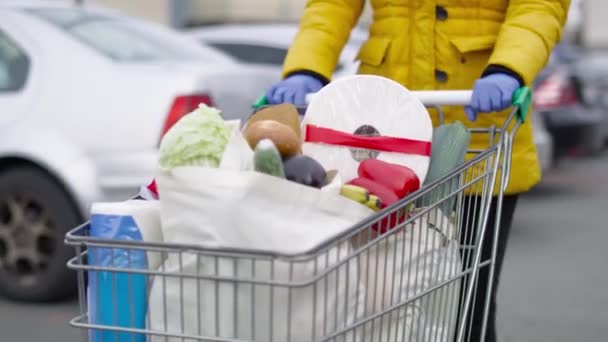 Alışveriş Sepetiyle Yürürken Çekilen Videoyu Kapat Kırmızı Helyum Kamerayla Çekildi — Stok video