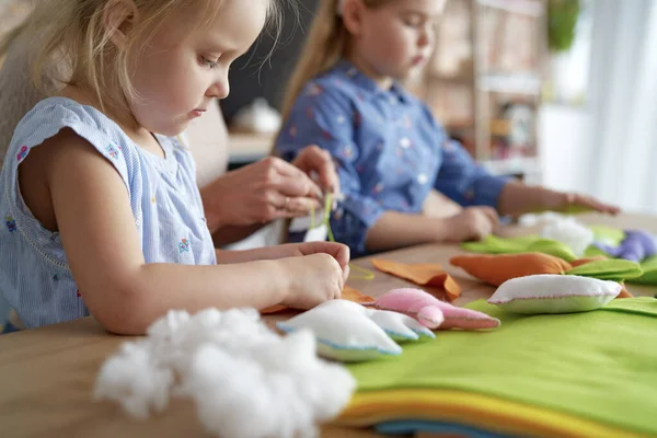 Close Little Girls Making Easter Toys — Stock Photo, Image