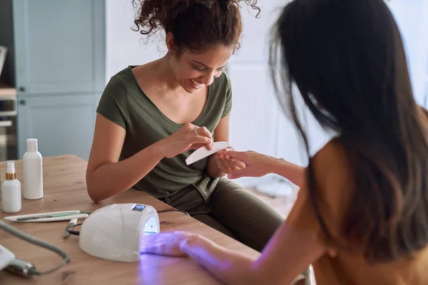 Happy Women Making Nail Beauty Treatments Home — Stock Photo, Image