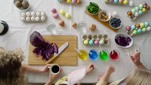 Vista Superiore Famiglia Preparano Colori Naturali Colorare Uova Girato Con — Video Stock