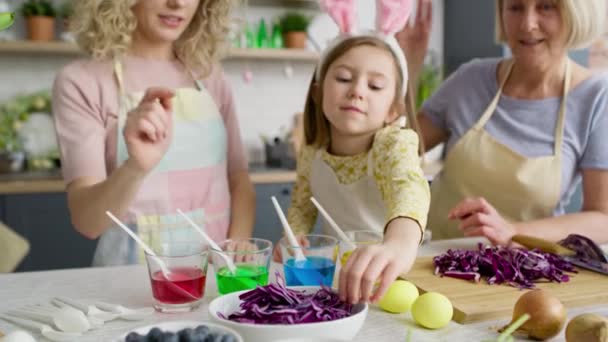 Vídeo Menina Mostrando Tinturas Ovos Naturais Com Sua Família Tiro — Vídeo de Stock