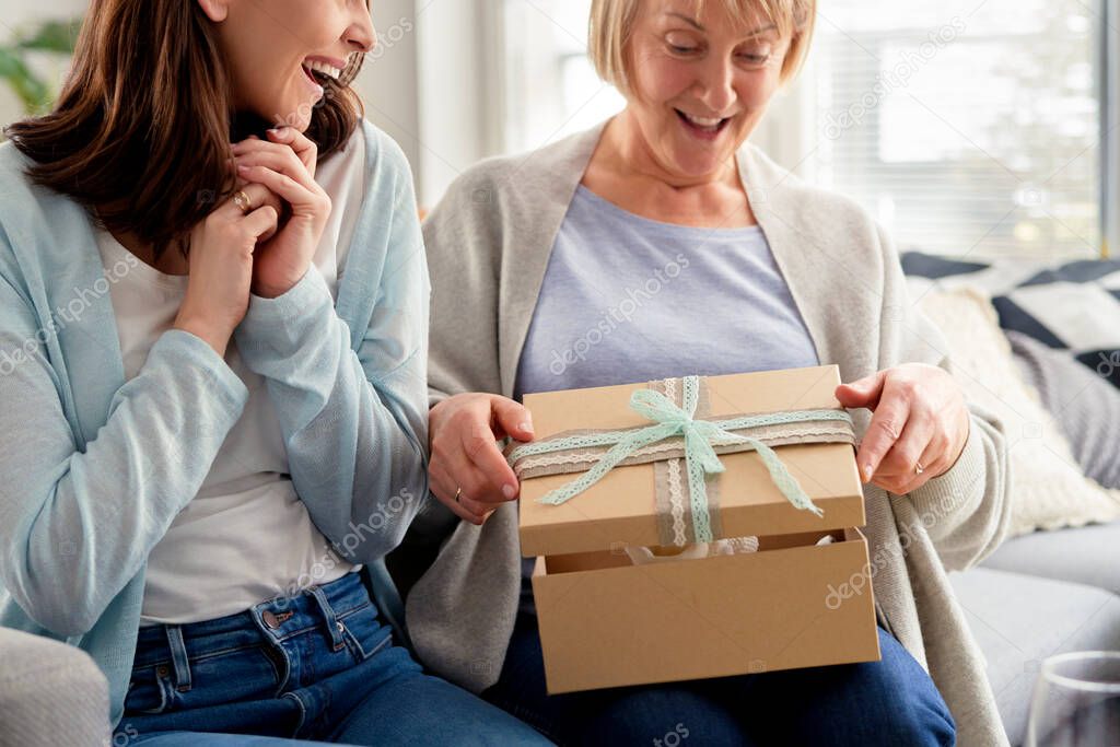 Excited adult daughter waiting for mom to open the gift                               