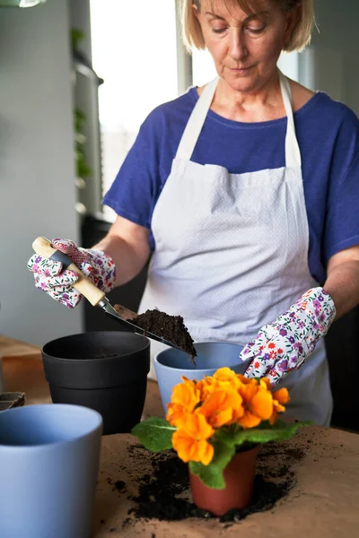 Ηλικιωμένη Γυναίκα Φυτεύει Λουλούδια Στο Σπίτι — Φωτογραφία Αρχείου