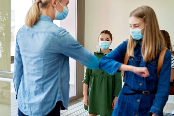 Teacher Schoolgirl Having Elbow Greeting Pandemic — Stock Photo, Image