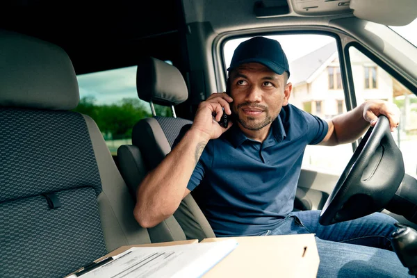 Driver Package Looking Away While Sitting Truck — Stock Photo, Image