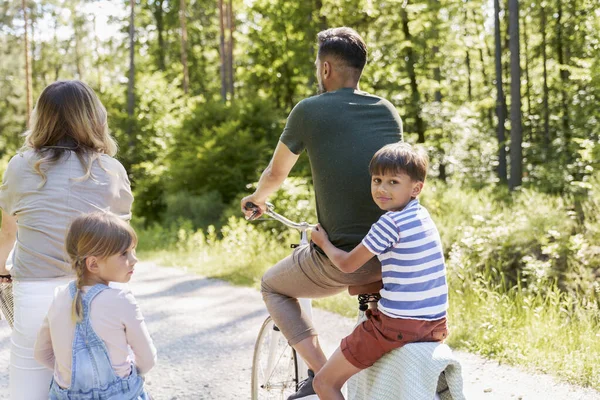 Rear View Portrait Boy Cycling Family Forest — Stock Photo, Image