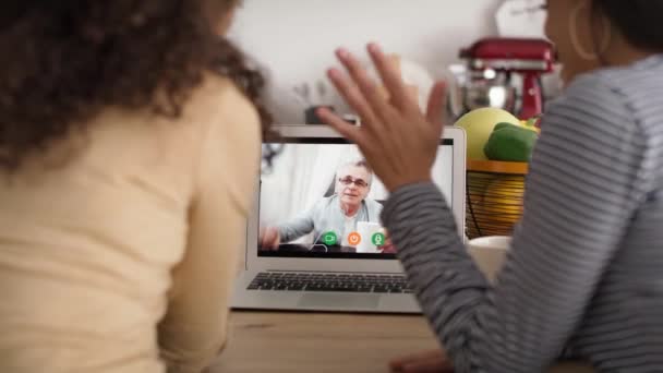 Zadní Pohled Dvě Ženy Během Videokonference Otcem Snímek Red Heliovou — Stock video