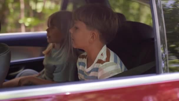 後部座席の車に乗っている2人の子供のビデオ 8Kでレッドヘリウムカメラで撮影 — ストック動画