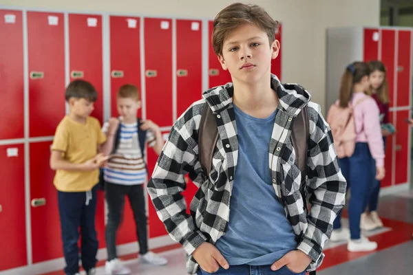 Portrait Serious Schoolboy Standing Corridor — Stock Photo, Image