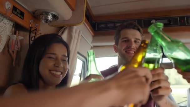 Close Video Cheerful Friends Camper Celebrating Shot Red Helium Camera — Stock Video