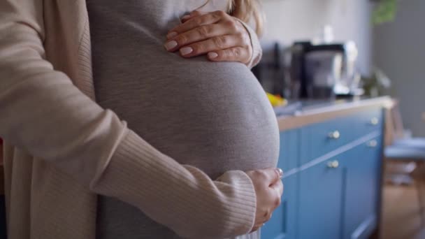 Primer Plano Mujer Embarazada Tocando Vientre Fotografía Con Cámara Helio — Vídeo de stock