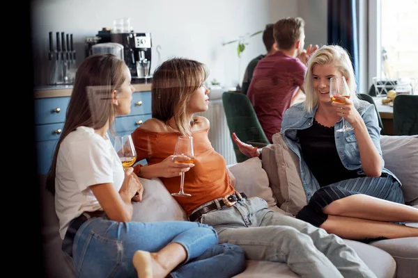 Vrouwelijke Vrienden Chatten Wijn Drinken — Stockfoto