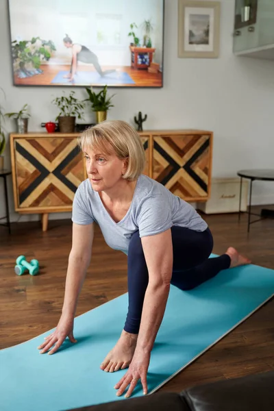 Mulher Sênior Ativa Que Exercita Com Ajuda — Fotografia de Stock