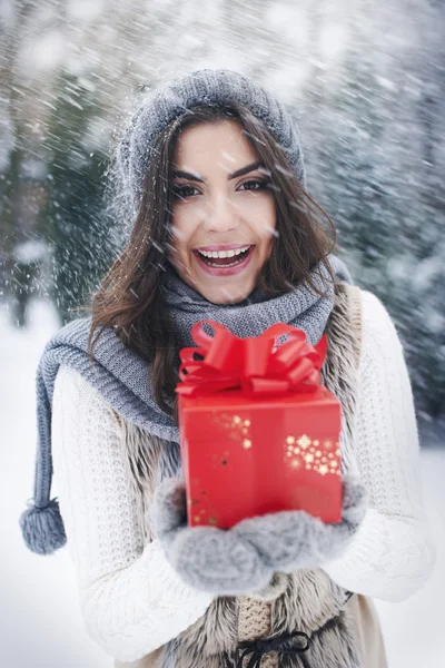 Mulher bonita no tempo de inverno com pequeno presente — Fotografia de Stock