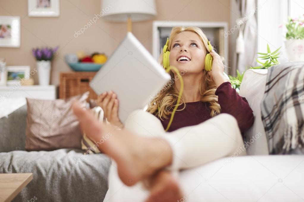 Girl listens to music