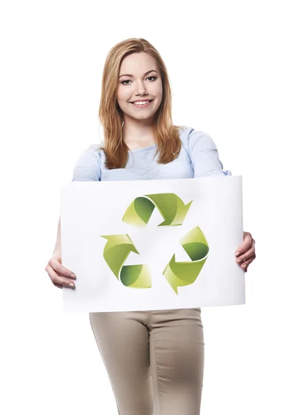 Mulher com sinal de reciclagem — Fotografia de Stock