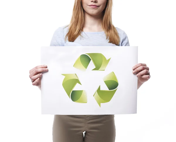 Γυναίκα με σύμβολο ανακύκλωσης — Φωτογραφία Αρχείου