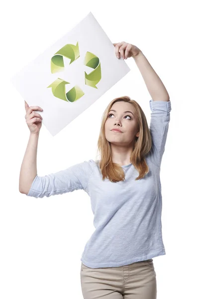 Mulher com sinal de reciclagem — Fotografia de Stock