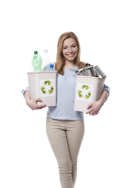 Young woman in plastic recycle concept — Stock Photo, Image