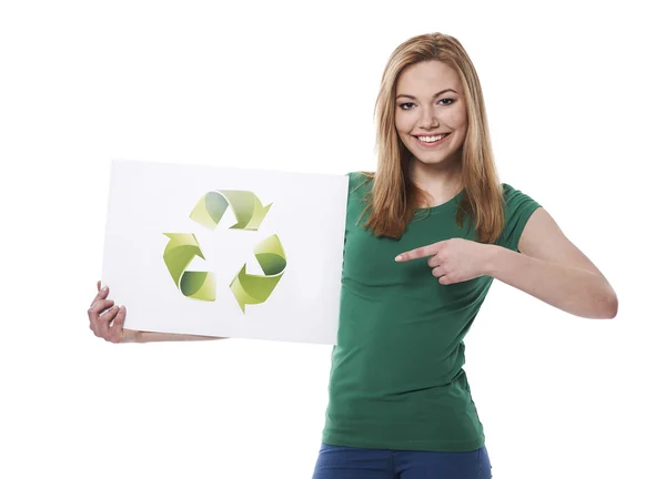 Woman with recycle sign — Stock Photo, Image