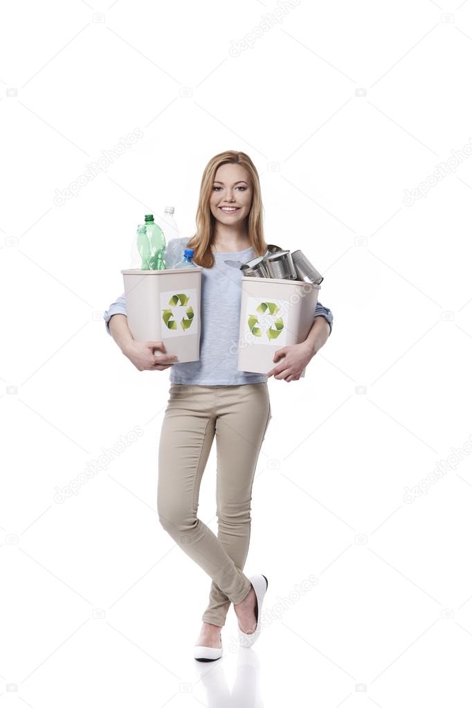Young woman in plastic recycle concept