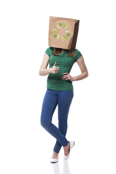 Female ecologist with paper bag on head — Stock Photo, Image