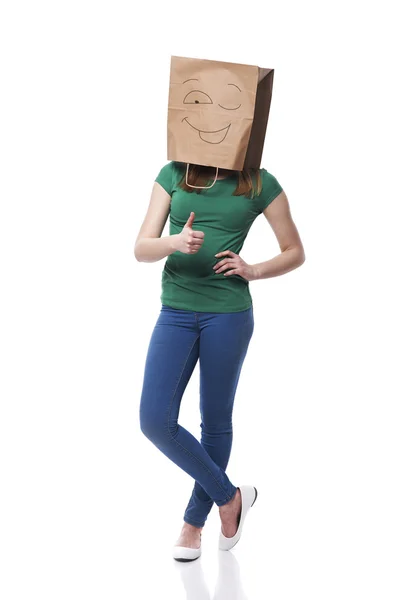 Female ecologist with paper bag on head — Stock Photo, Image