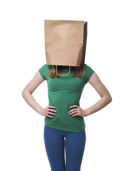 Female ecologist with paper bag on head — Stock Photo, Image