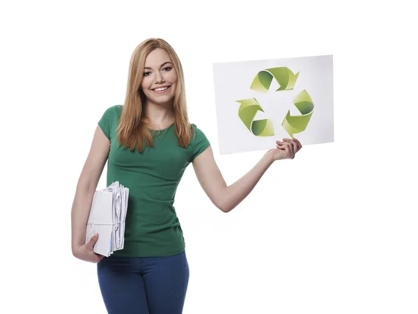 Woman with recycle sign — Stock Photo, Image