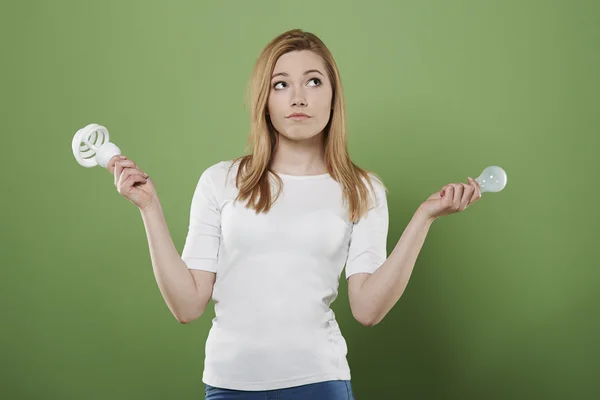 Woman with economic bulb — Stock Photo, Image