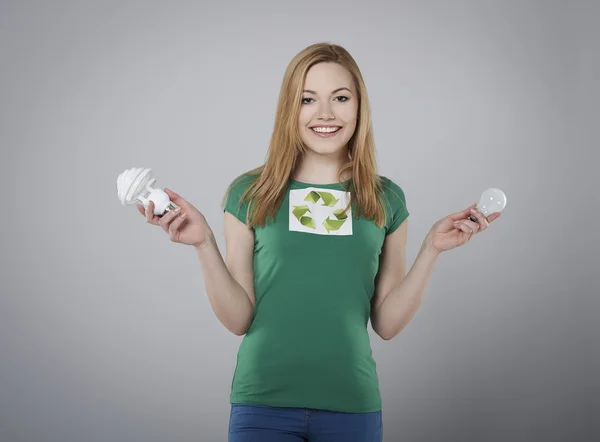 Woman with economic bulb — Stock Photo, Image