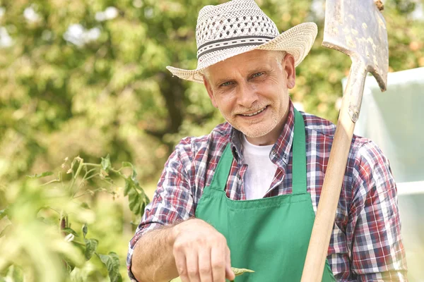 Happy gardener with shovel — Stock Photo, Image