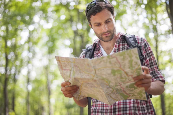Mann benutzt Landkarte im Wald — Stockfoto