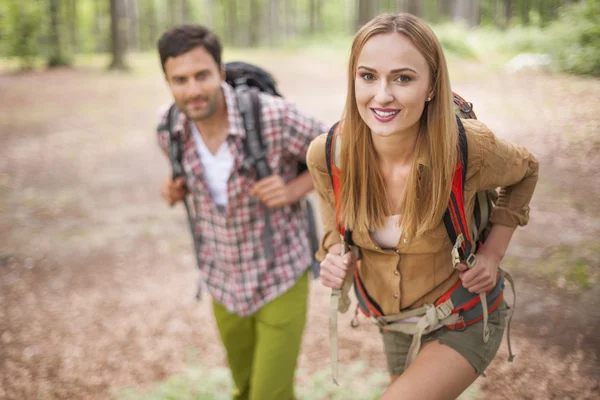 Casal caminhadas na floresta — Fotografia de Stock