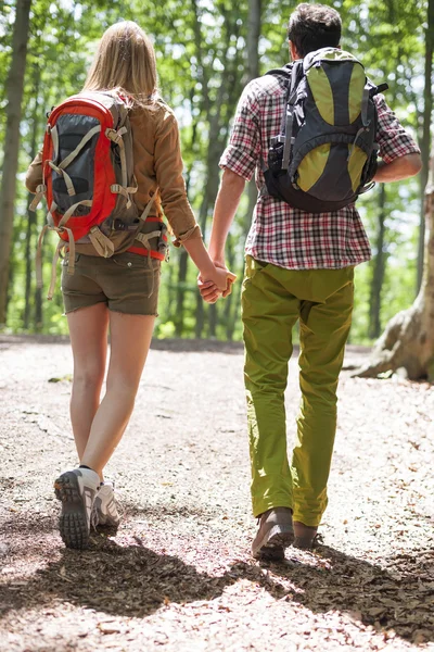 Pareja senderismo juntos en el bosque — Foto de Stock