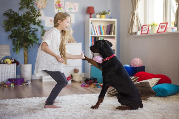 Fille jouer avec son chien — Photo