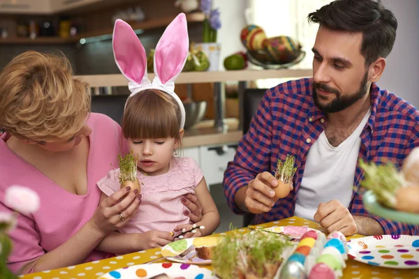 Easter breakfast of happy family — Stock Photo, Image