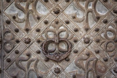 Ortaçağ Gotik tarzı bir kilise olan Vilnius şehrinin simgesi olarak katolik bir kilisenin ayrıntılı demir kapısı.