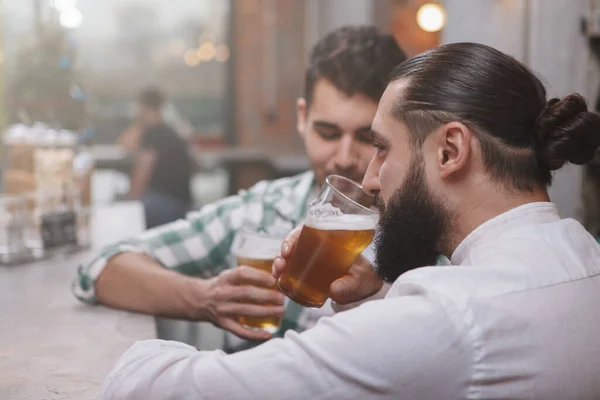 Rear View Shot Bearded Man Drinking Beer Pub His Friend — Stock Photo, Image