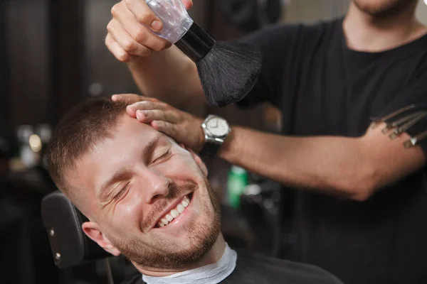 Happy Handsome Bearded Man Laughing Joyfully Getting Powdered Shaving Barbershop — Stock Photo, Image